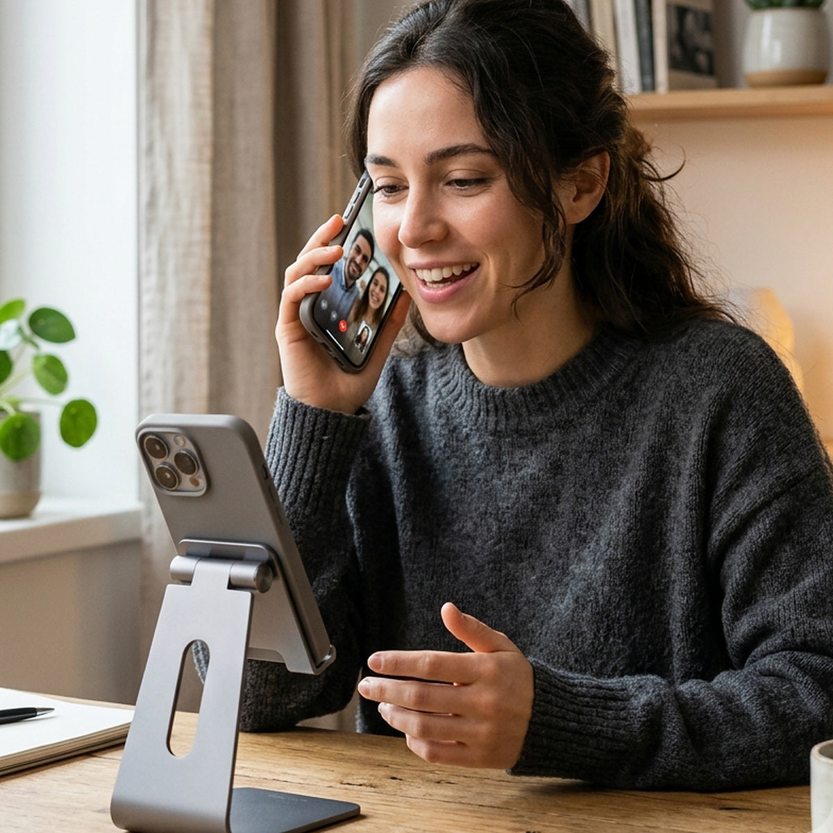 Pessoa usando suporte para celular em ambiente cotidiano
