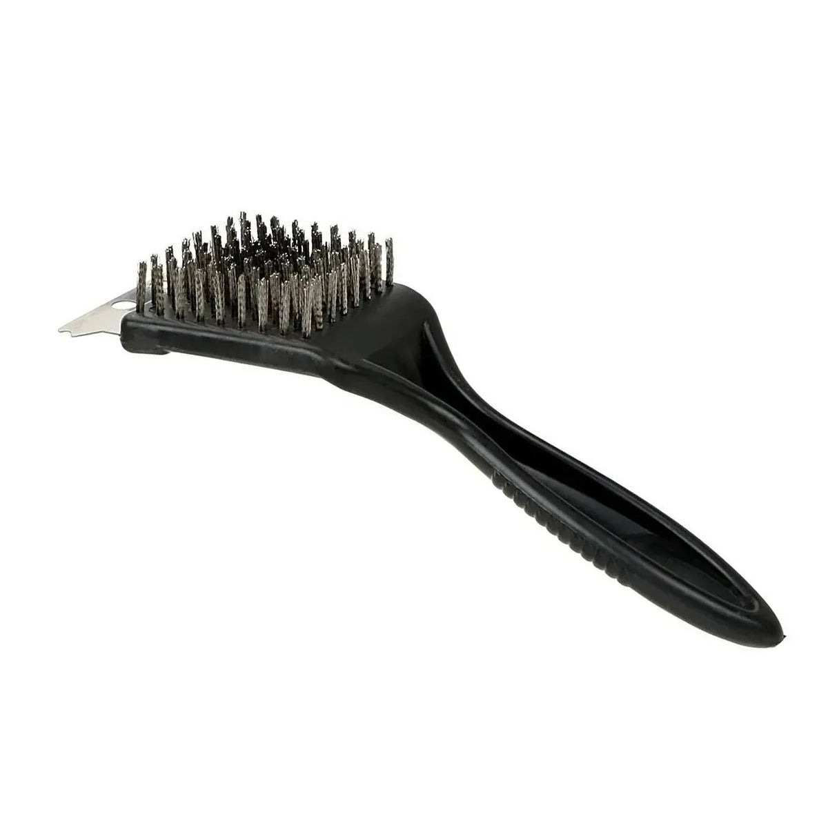 Escova para churrasqueira com espátula e cerdas de aço. Foto 4 do produto.