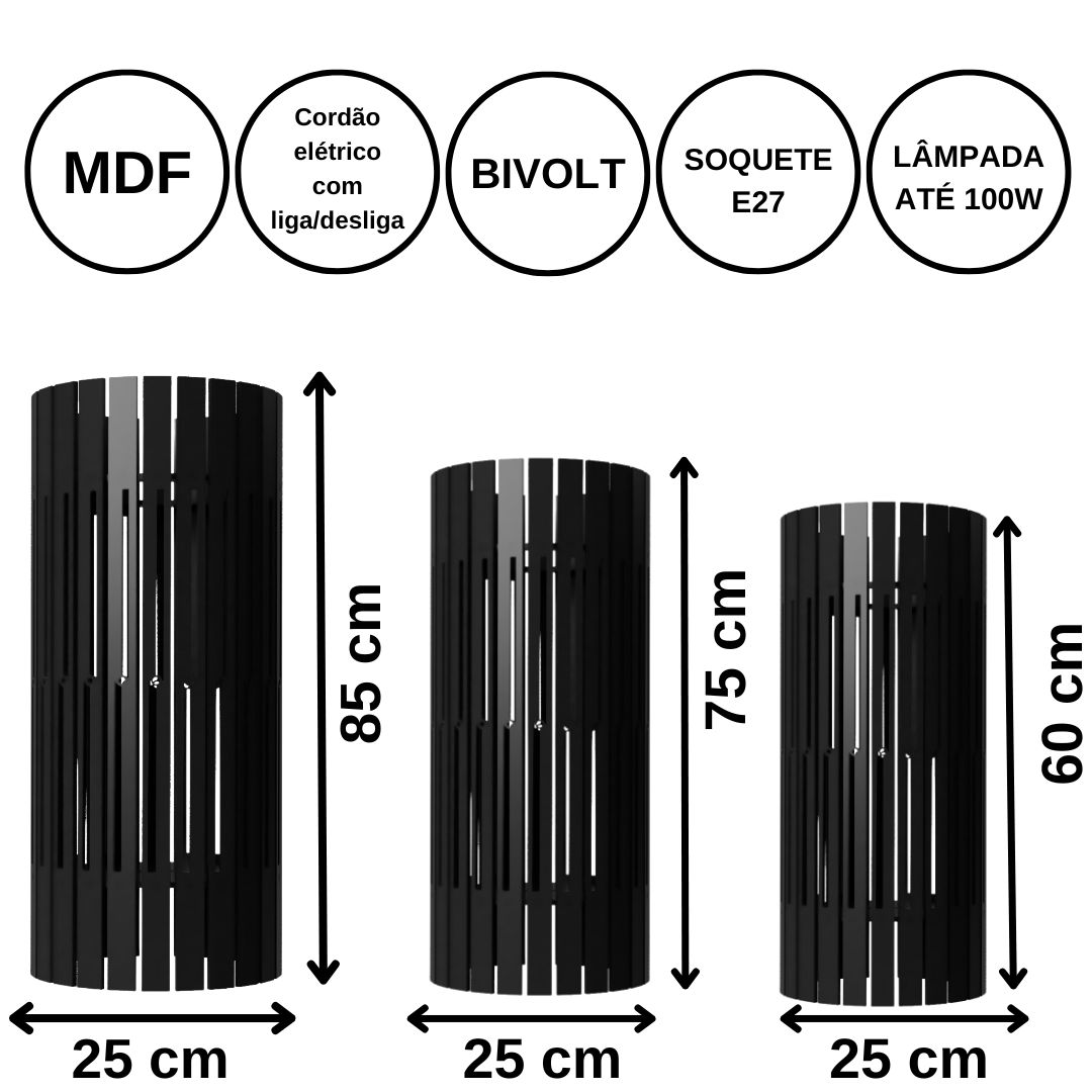Luminária de chão Torre de Pisa em MDF, Cor: Preto, Tamanho: Kit com 3 - 85 × 25 cm, 75 × 25 cm e 60 × 25 cm. Foto 1 do produto.