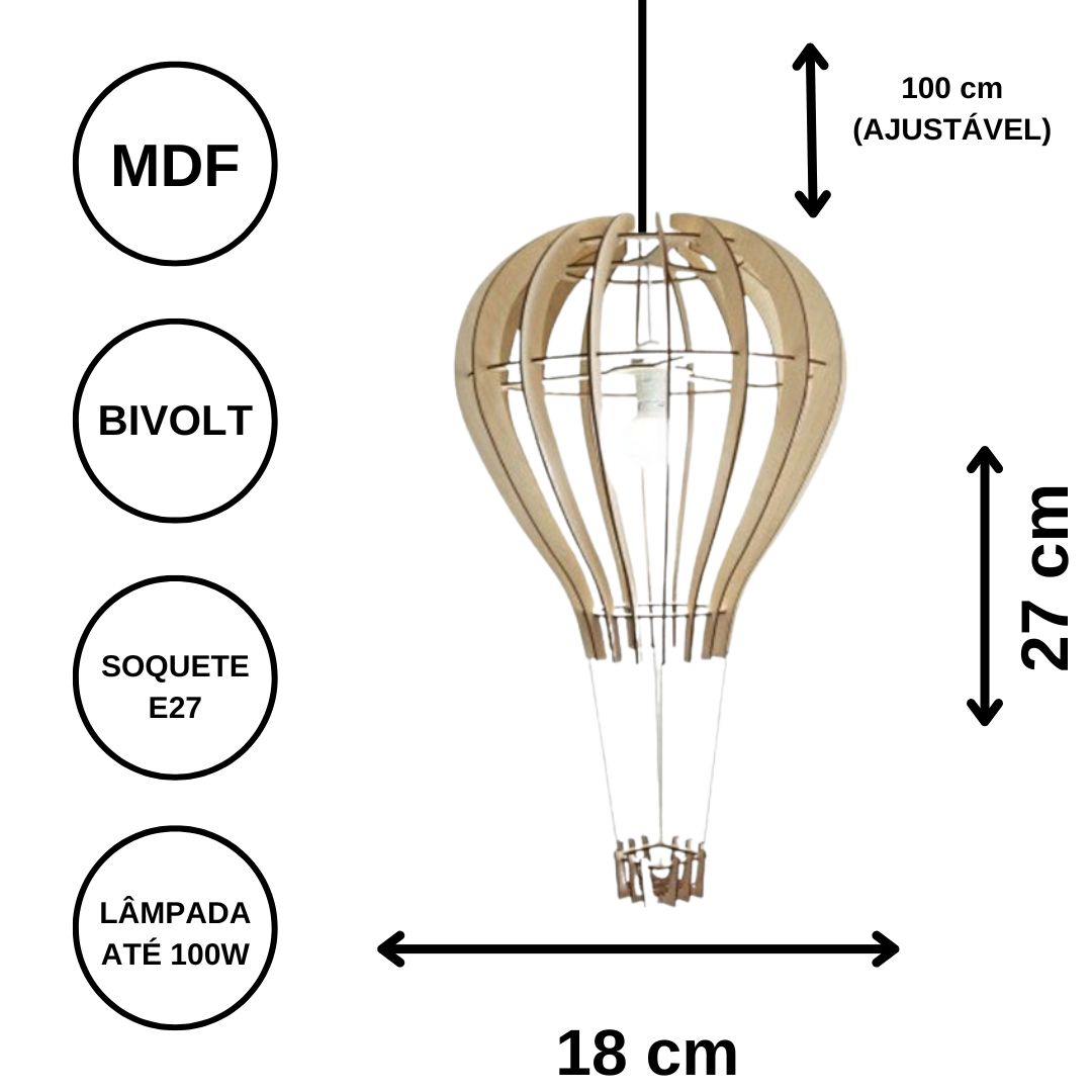 Luminária pendente Balão em MDF, referência LCD0002, Cor: Preto. Foto 3 do produto.