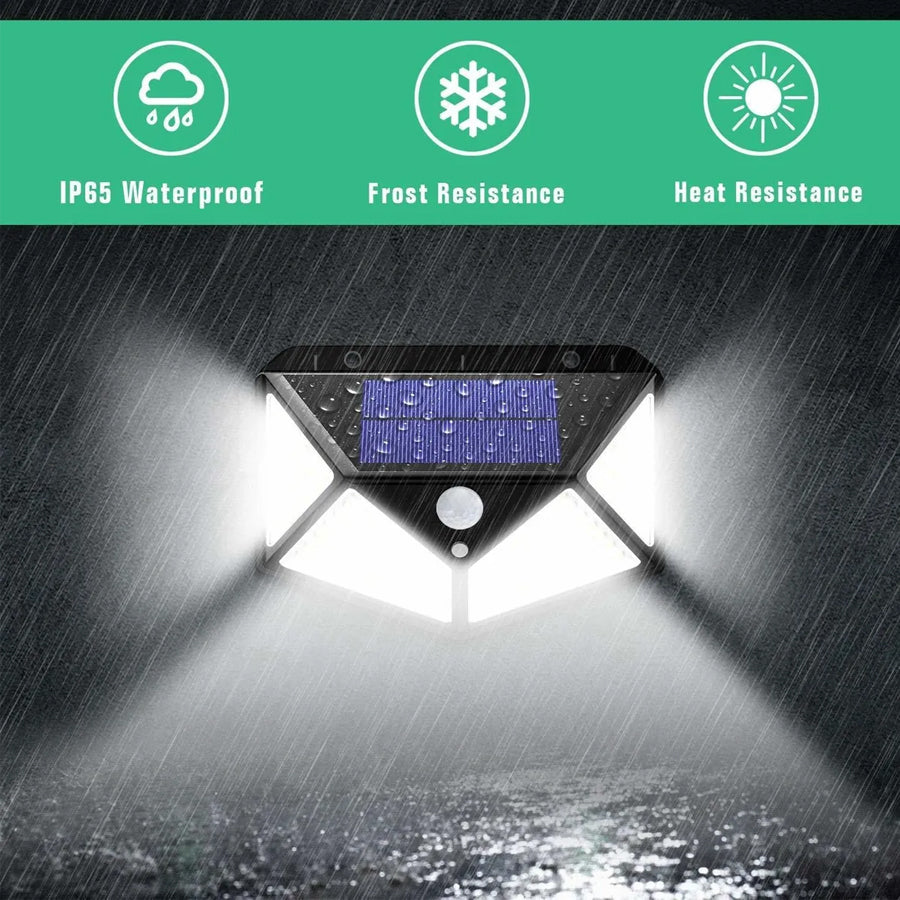 Luminária solar de parede com 100 LEDs, sensor de presença e 3 funções. Foto 3 do produto.