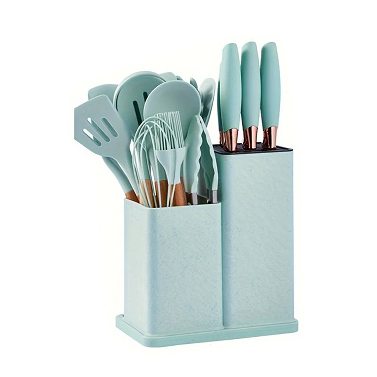 Kit de utensílios de cozinha de silicone, 19 peças, Cor: Verde agua. Foto 1 do produto.