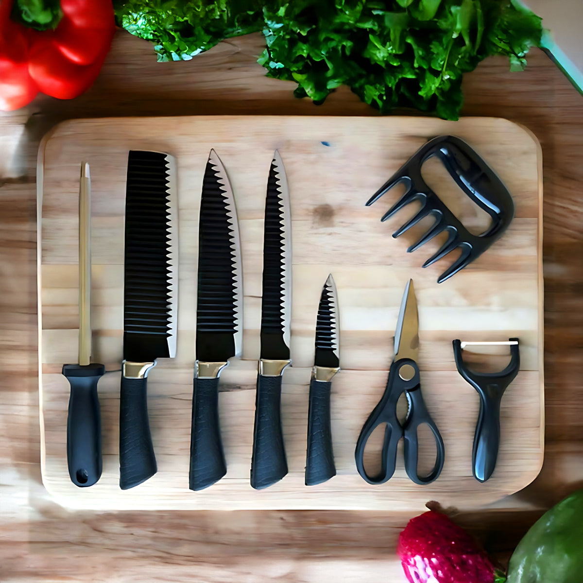 Jogo de facas de aço inox com garra e tesoura, 8 peças. Foto 5 do produto.