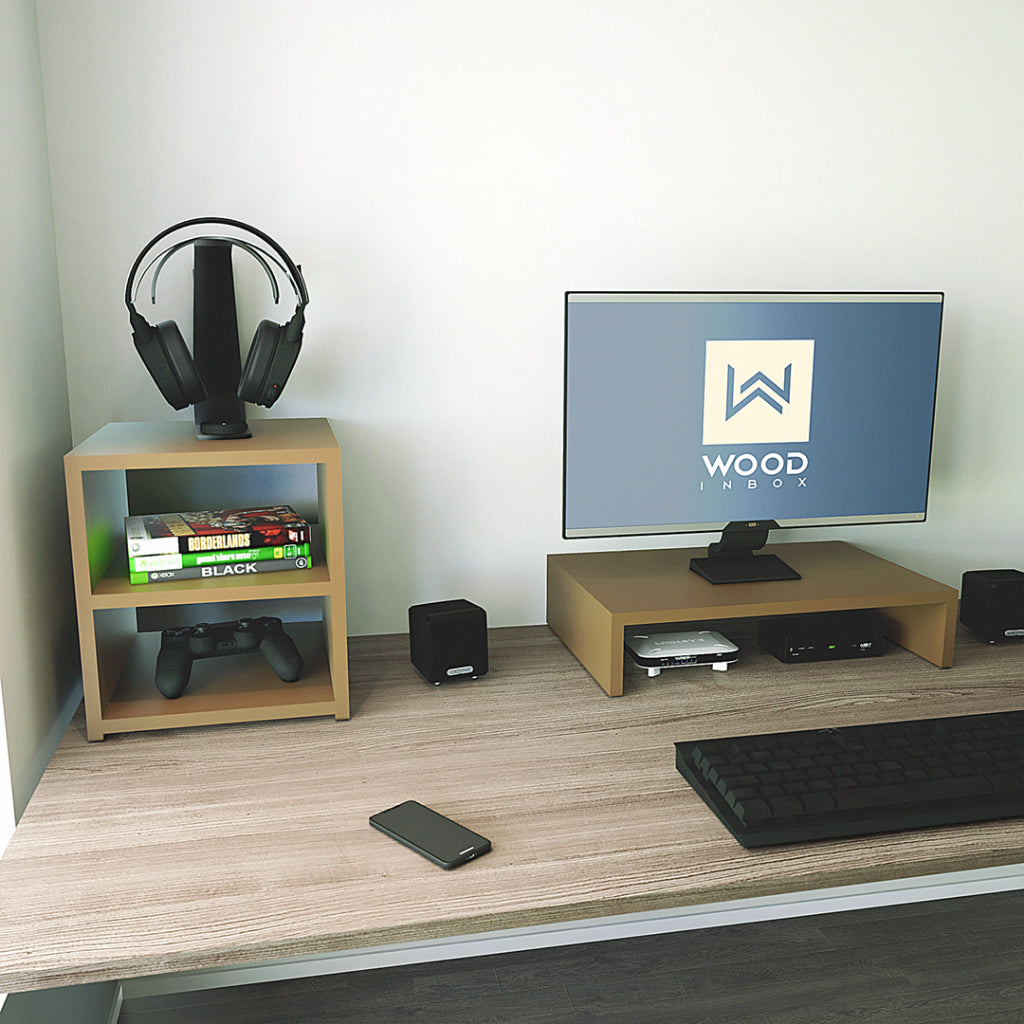 Base amadeirada para monitor sobre a mesa — vista 3