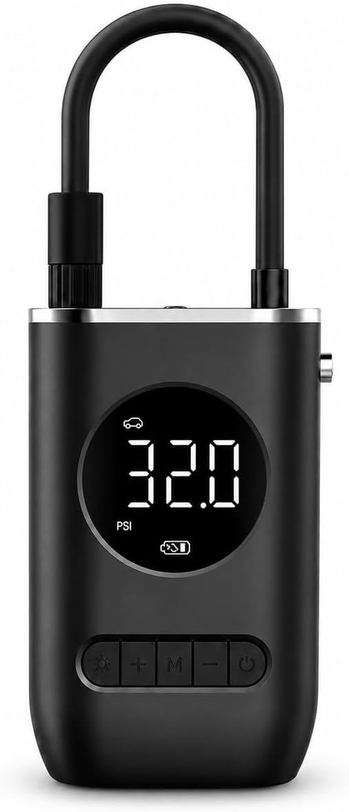Compressor de Ar Portátil Recarregável USB Preto com Visor Digital, LED e Adaptadores