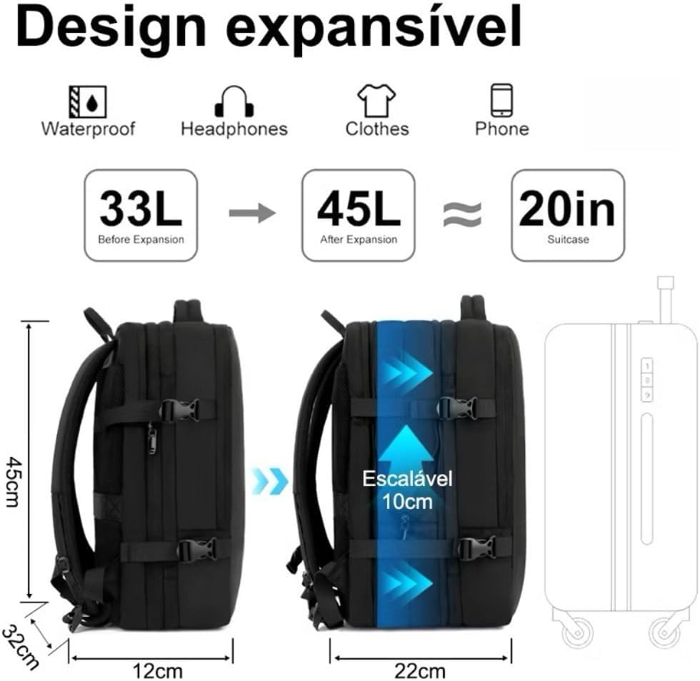 Mochila de Viagem Preta Expansível 33–45 L para Notebook 17,3″ — imagem 5