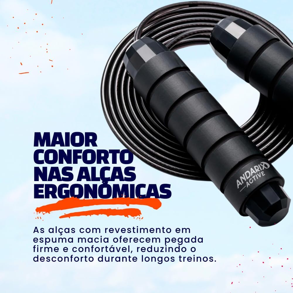 Corda de Pular Andarix Active Preta 3 m com Cabo de Aço e Rolamentos — imagem 3