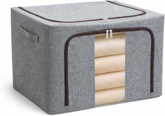 Cesto Organizador Dobrável Cinza 66 L com Zíper e Visor Transparente
