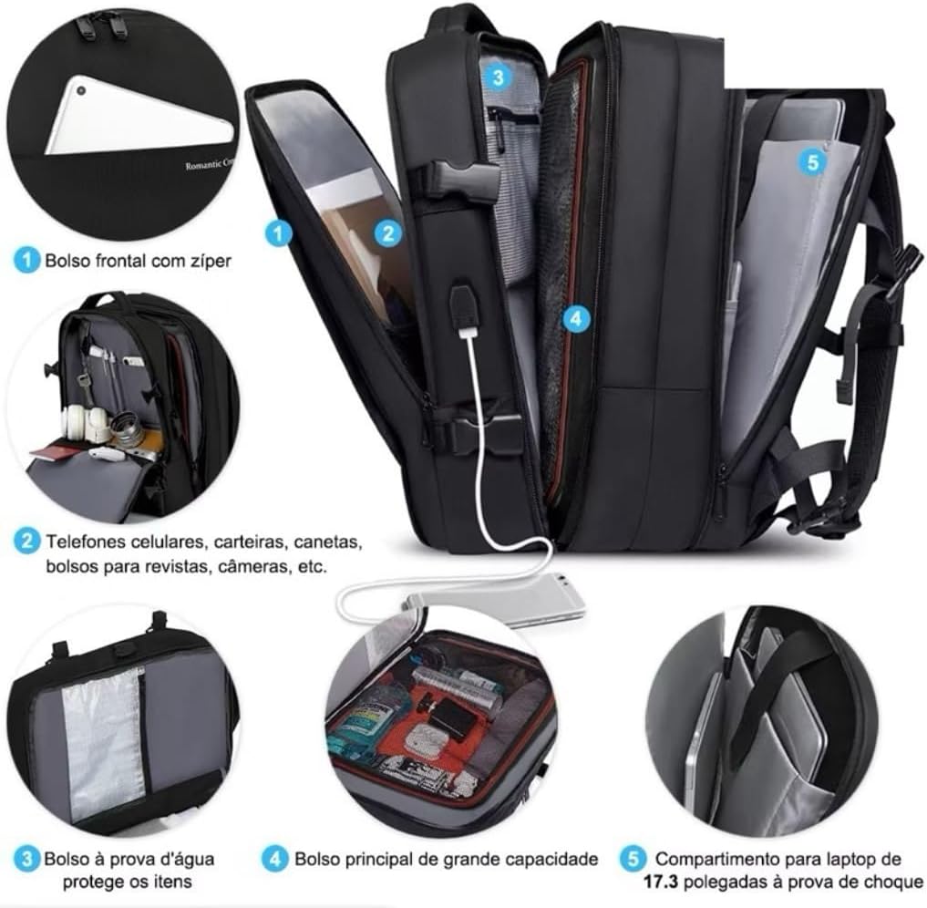 Mochila de Viagem Preta Expansível 33–45 L para Notebook 17,3″ — imagem 4