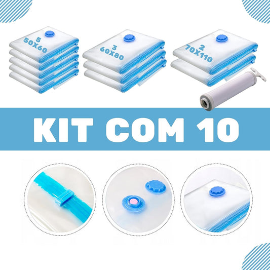 Kit 10 Sacos a Vácuo Transparentes com Fecho Azul e Bomba Manual — imagem 2
