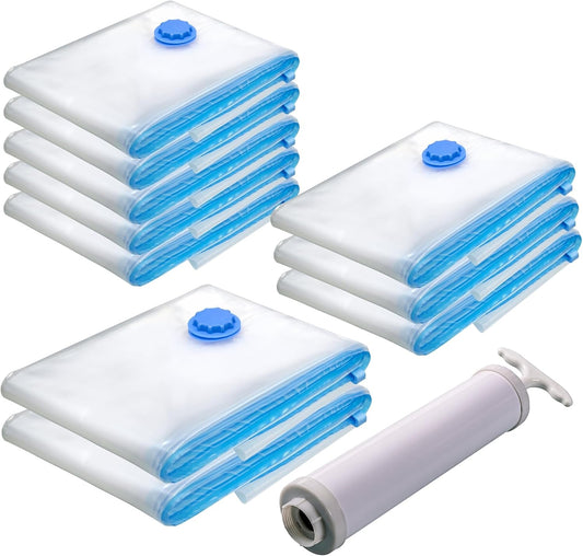 Kit 10 Sacos a Vácuo Transparentes com Fecho Azul e Bomba Manual