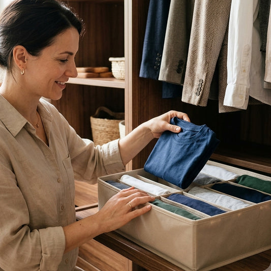Pessoa usando organizador de guarda-roupa em ambiente cotidiano