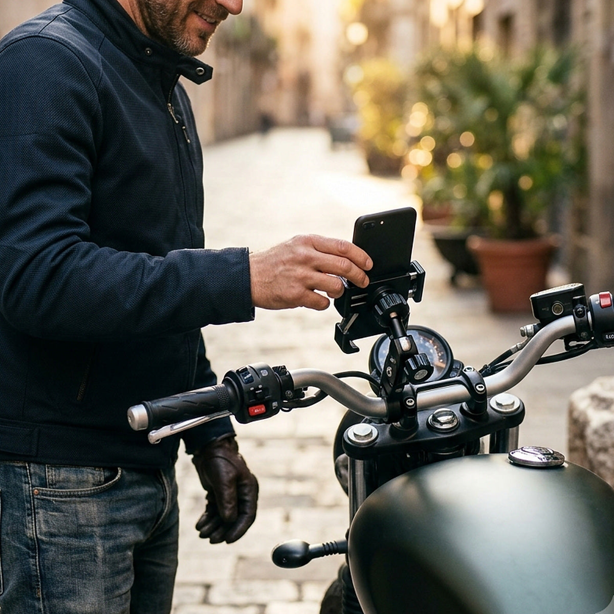 Suporte de celular preto em alumínio, ajustável e com giro de 360 graus, para moto e bike