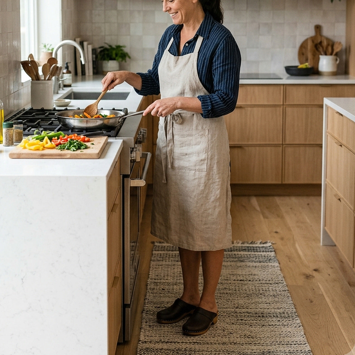 Pessoa usando passadeira para cozinha em ambiente cotidiano