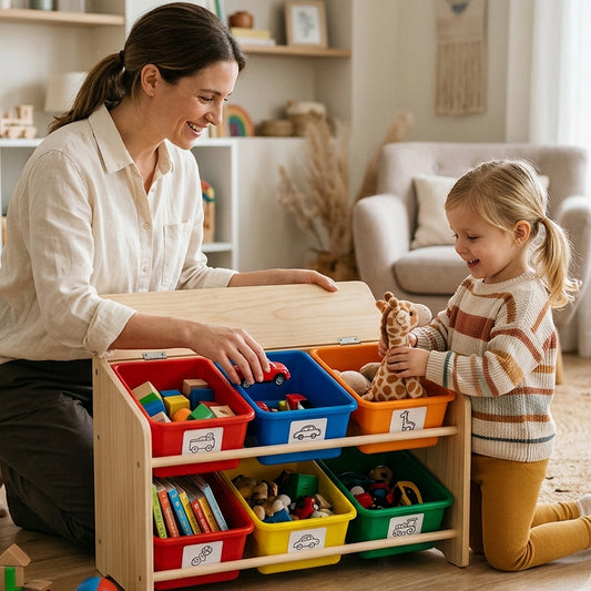 Pessoa usando organizador de brinquedos em ambiente cotidiano
