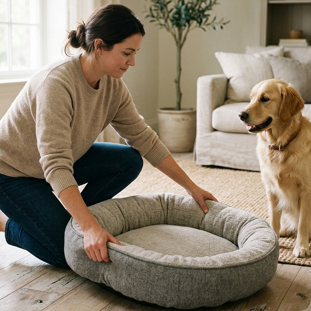 Pessoa posicionando uma cama pet no chão com as duas mãos