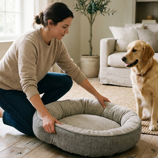 Pessoa posicionando uma cama pet no chão com as duas mãos