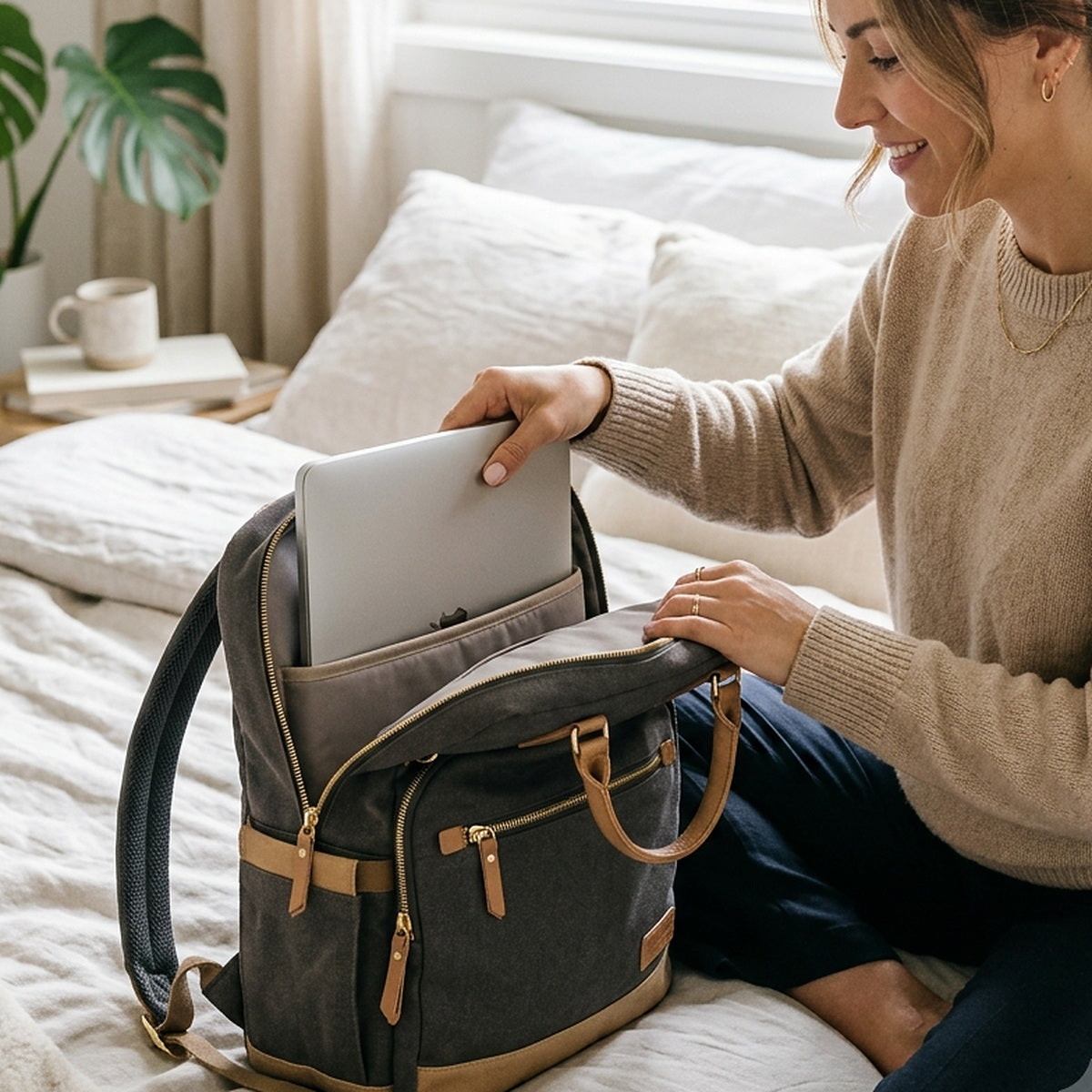 Pessoa usando mochila feminina para notebook em ambiente cotidiano