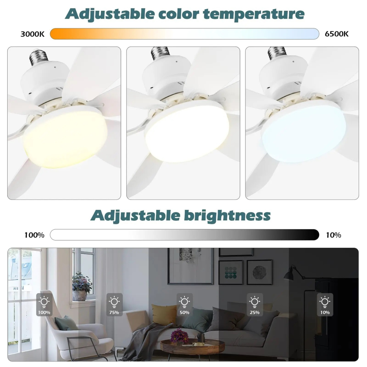 Ventilador de teto com lâmpada LED e 3 modos. Foto 3 do produto.