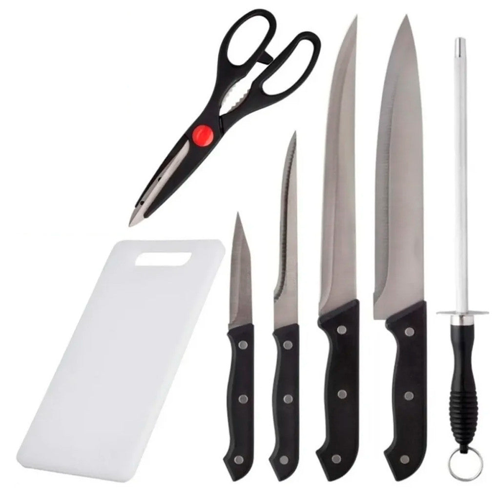 Jogo de facas de aço inox com tábua, 7 peças. Foto 1 do produto.