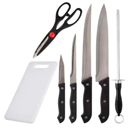 Jogo de facas de aço inox com tábua, 7 peças. Foto 1 do produto.