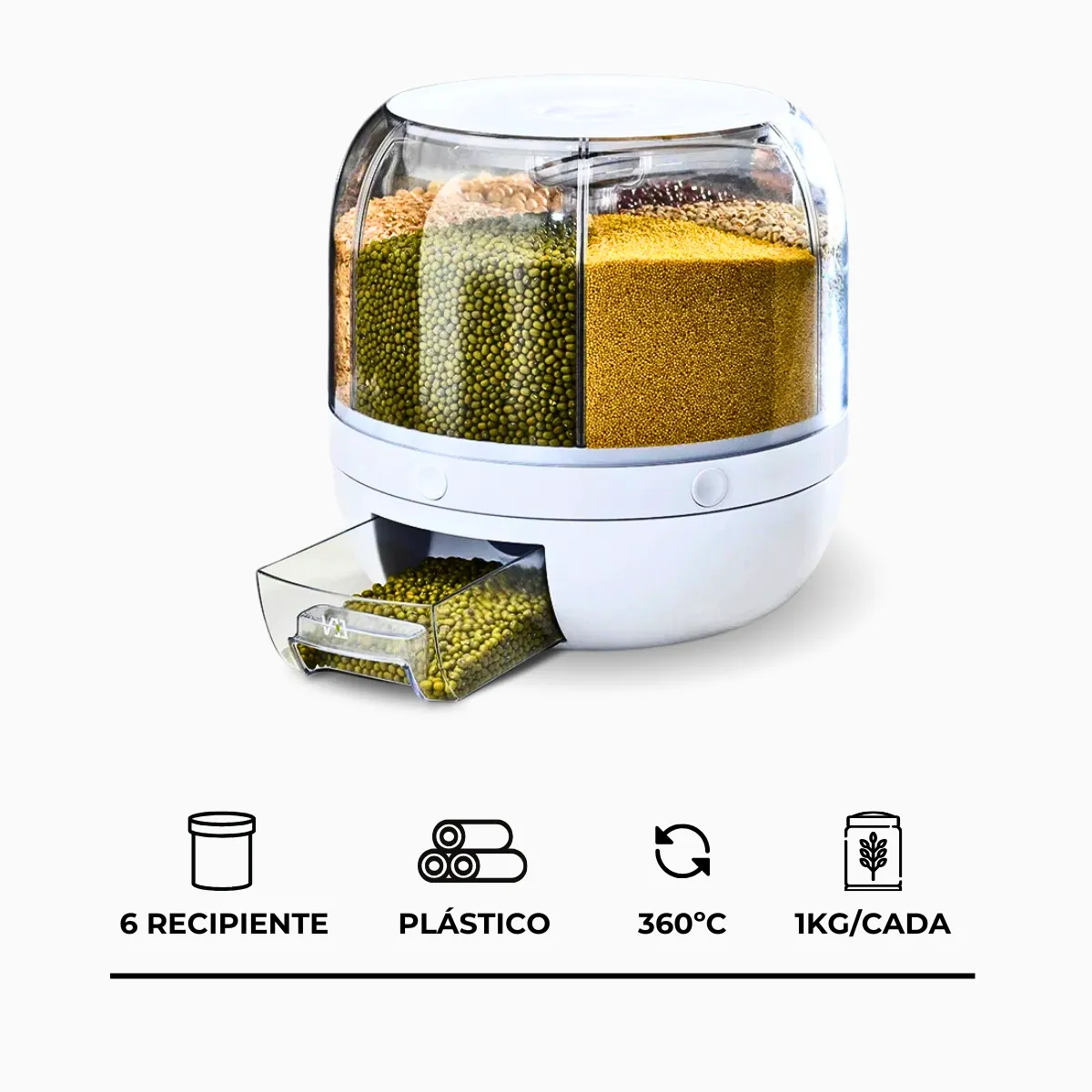 Dispenser giratório de grãos com 6 divisões. Foto 3 do produto.