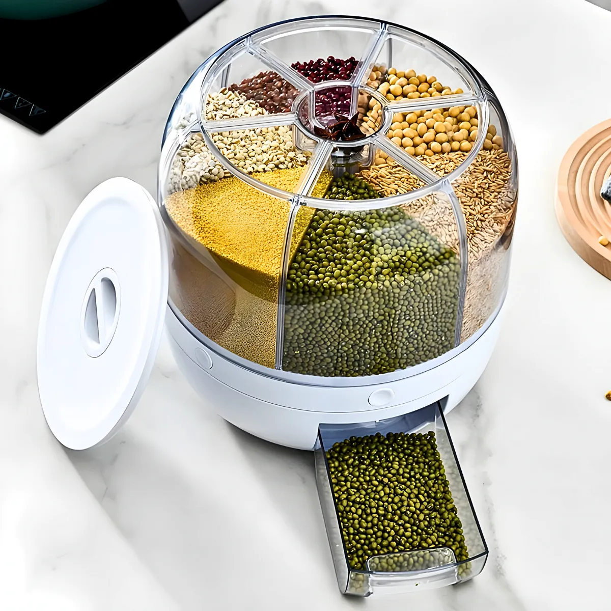 Dispenser giratório de grãos com 6 divisões. Foto 4 do produto.