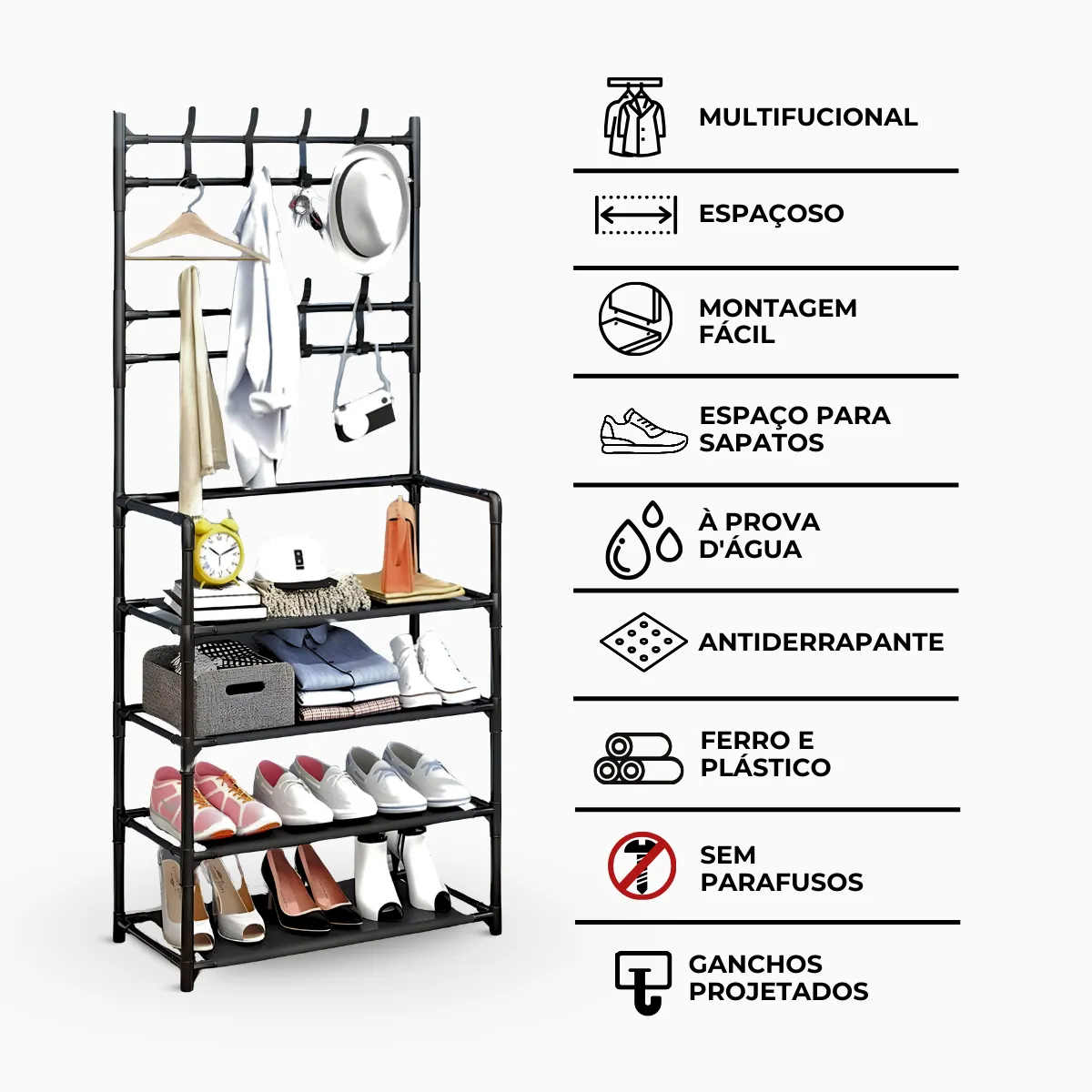 Sapateira com 4 prateleiras e ganchos. Foto 4 do produto.