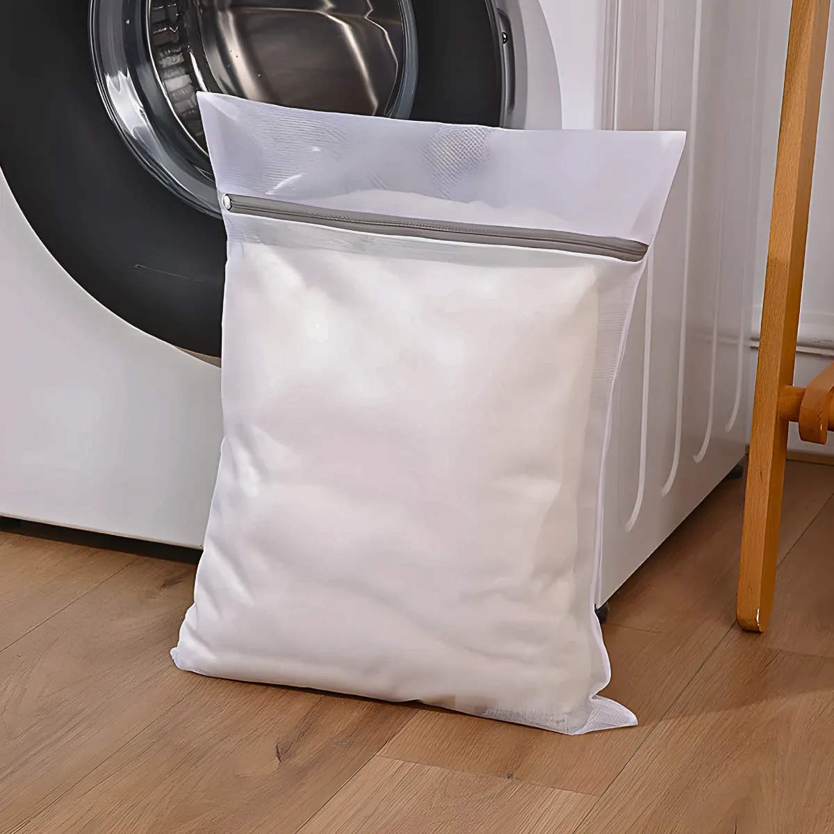 Saco de lavanderia e armazenamento de poliéster com zíper. Foto 4 do produto.