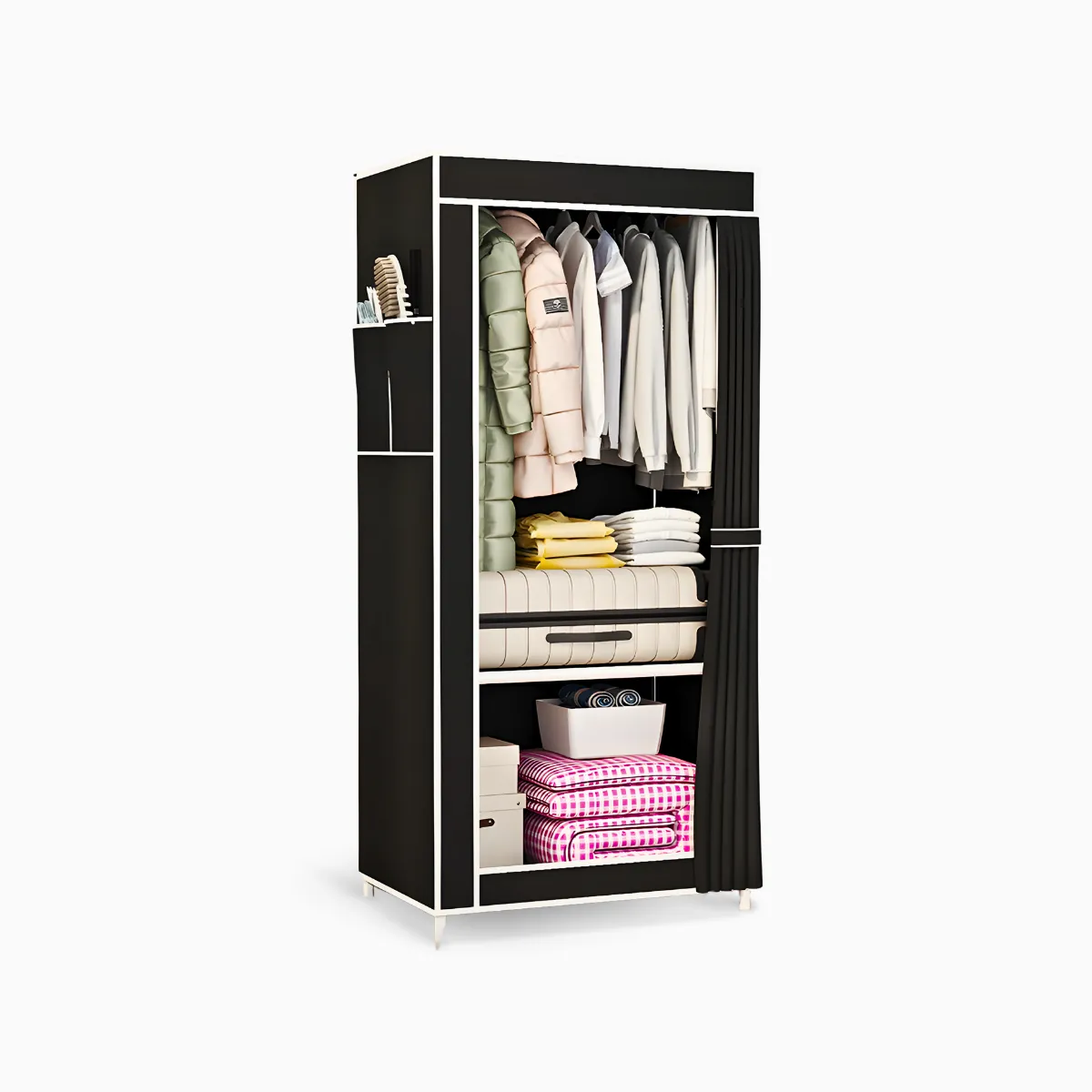Guarda-roupa dobrável com capa de tecido preta. Foto 2 do produto.