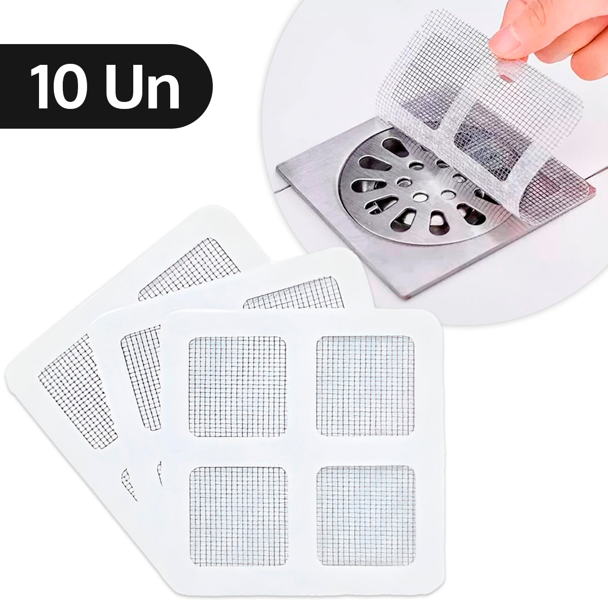 Telas adesivas descartáveis para ralos, kit de 10. Foto 1 do produto.