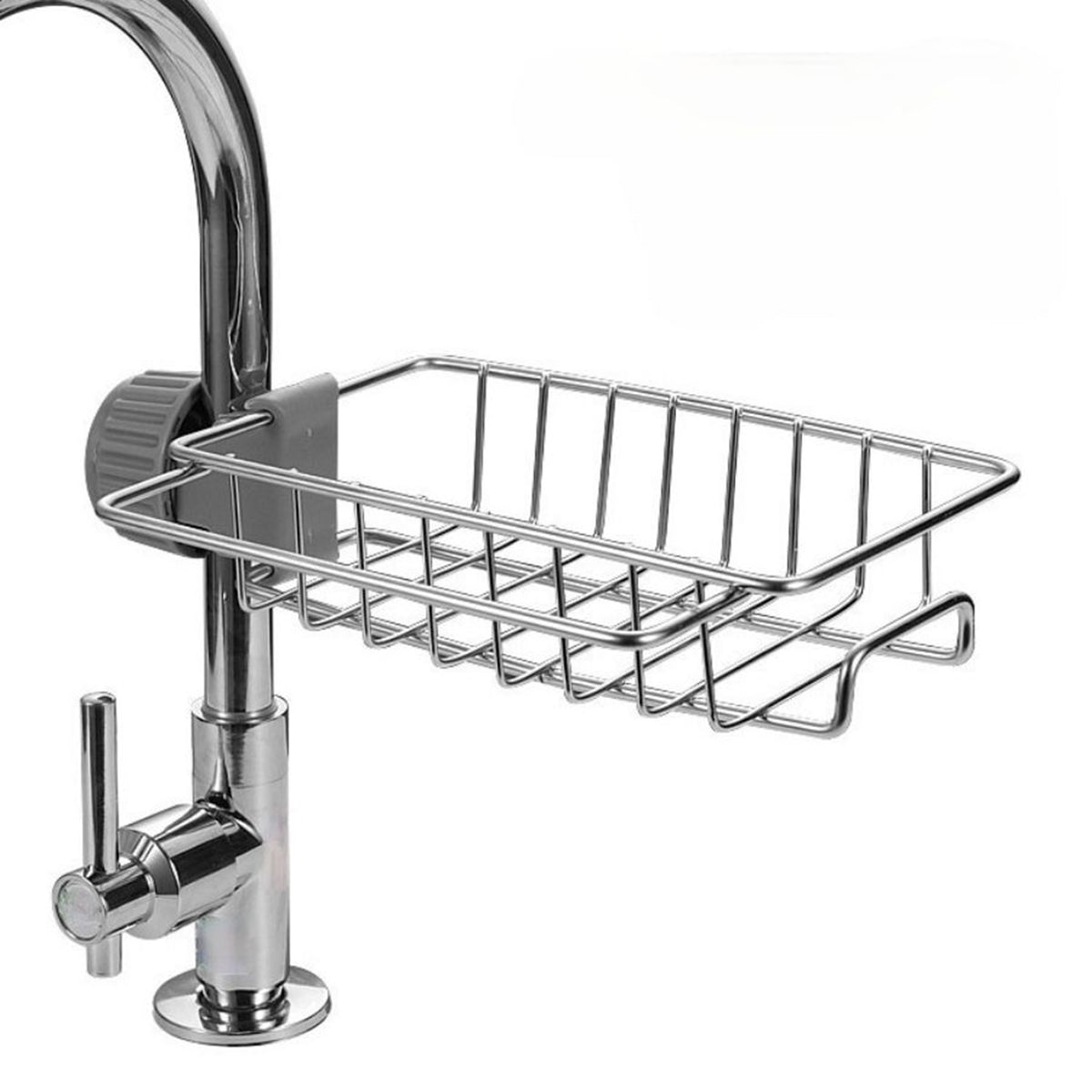 Suporte escorredor de torneira em inox para esponja e sabão. Foto 2 do produto.