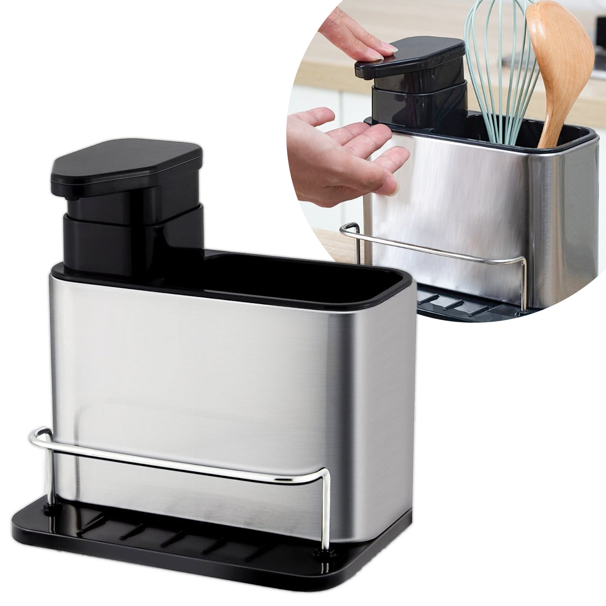 Dispenser de sabão e organizador de pia em inox. Foto 1 do produto.