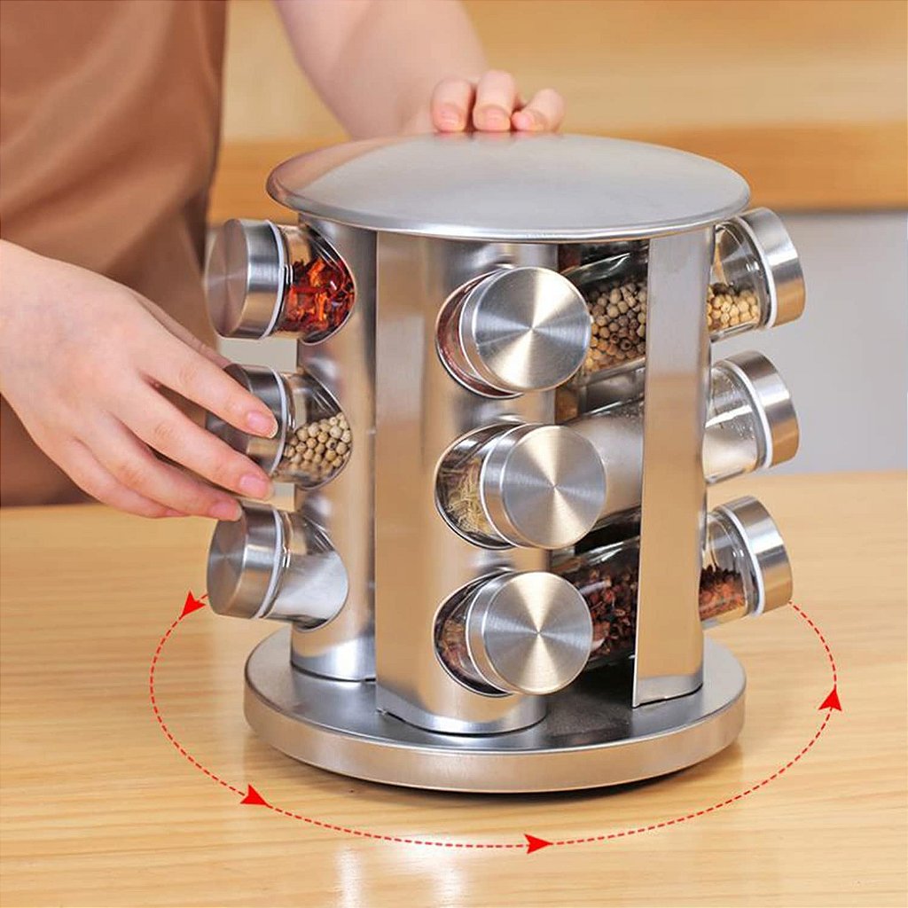 Porta-temperos giratório com 12 potes de vidro. Foto 5 do produto.