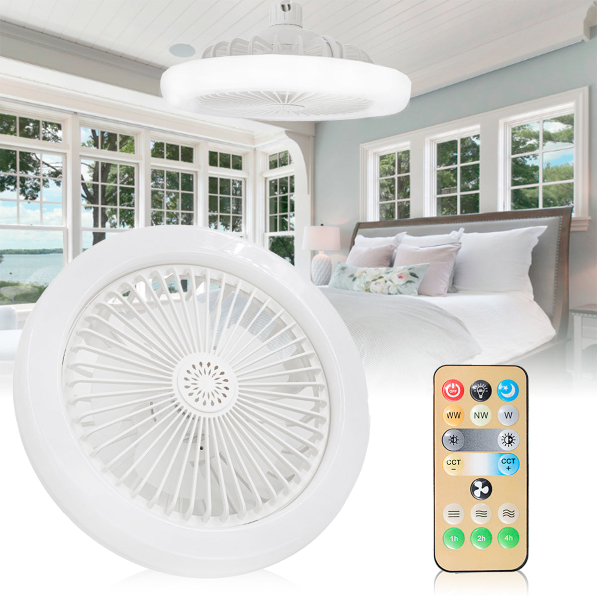 Ventilador de teto com LED e controle remoto, branco. Foto 1 do produto.