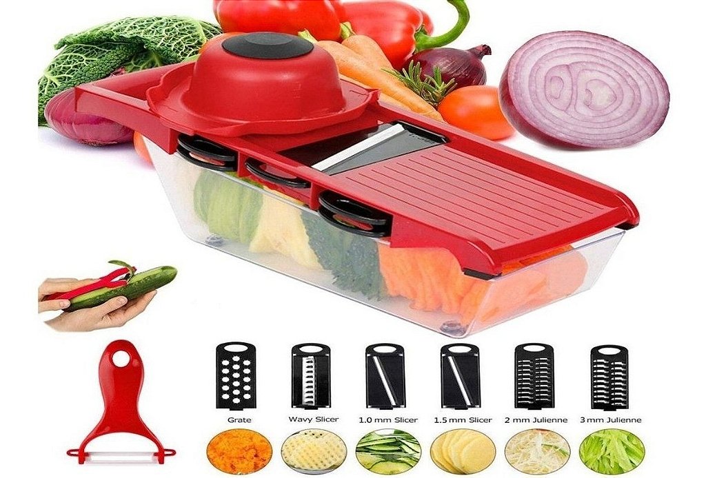 Fatiador e ralador de legumes de aço inox tipo mandoline. Foto 1 do produto.