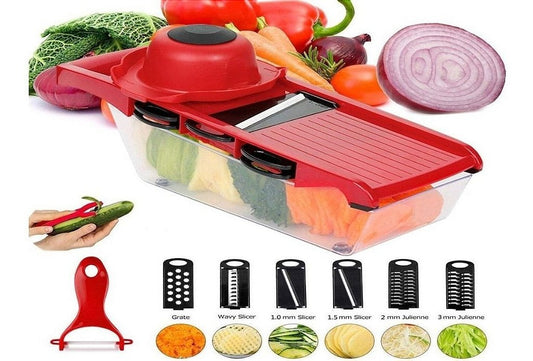 Fatiador e ralador de legumes de aço inox tipo mandoline. Foto 1 do produto.