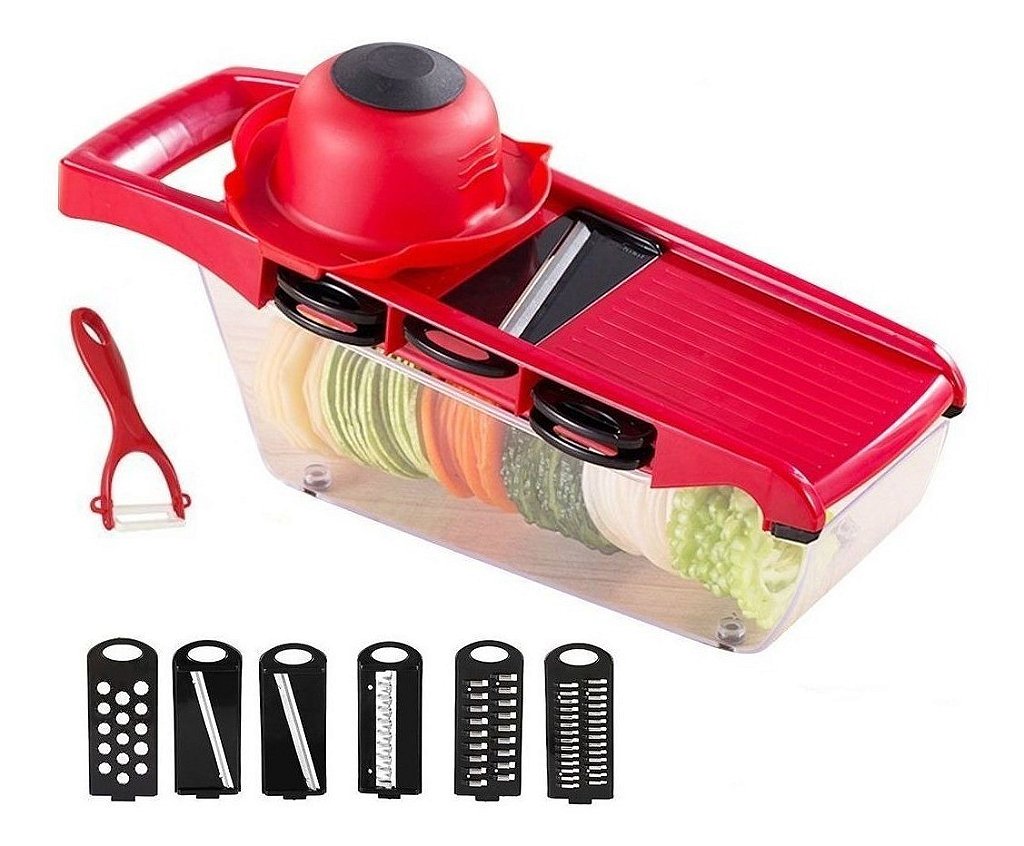 Fatiador e ralador de legumes de aço inox tipo mandoline. Foto 2 do produto.