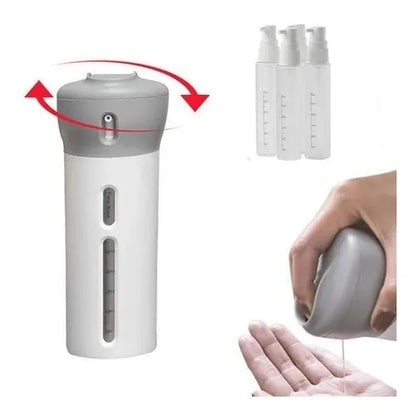 Dispenser 4 em 1 para líquidos de viagem, cinza. Foto 1 do produto.