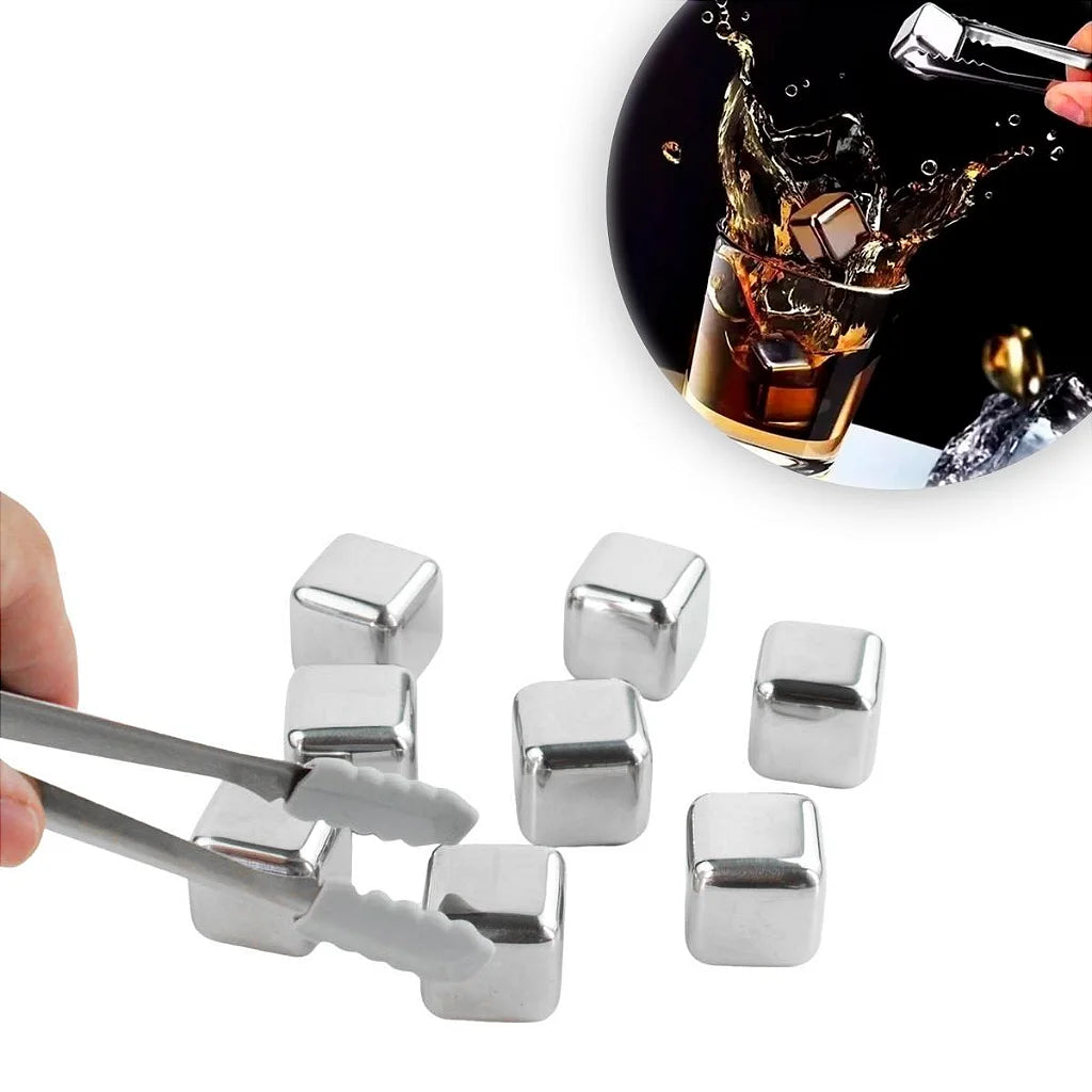Cubos de aço inox para bebidas com pegador, kit de 8. Foto 1 do produto.
