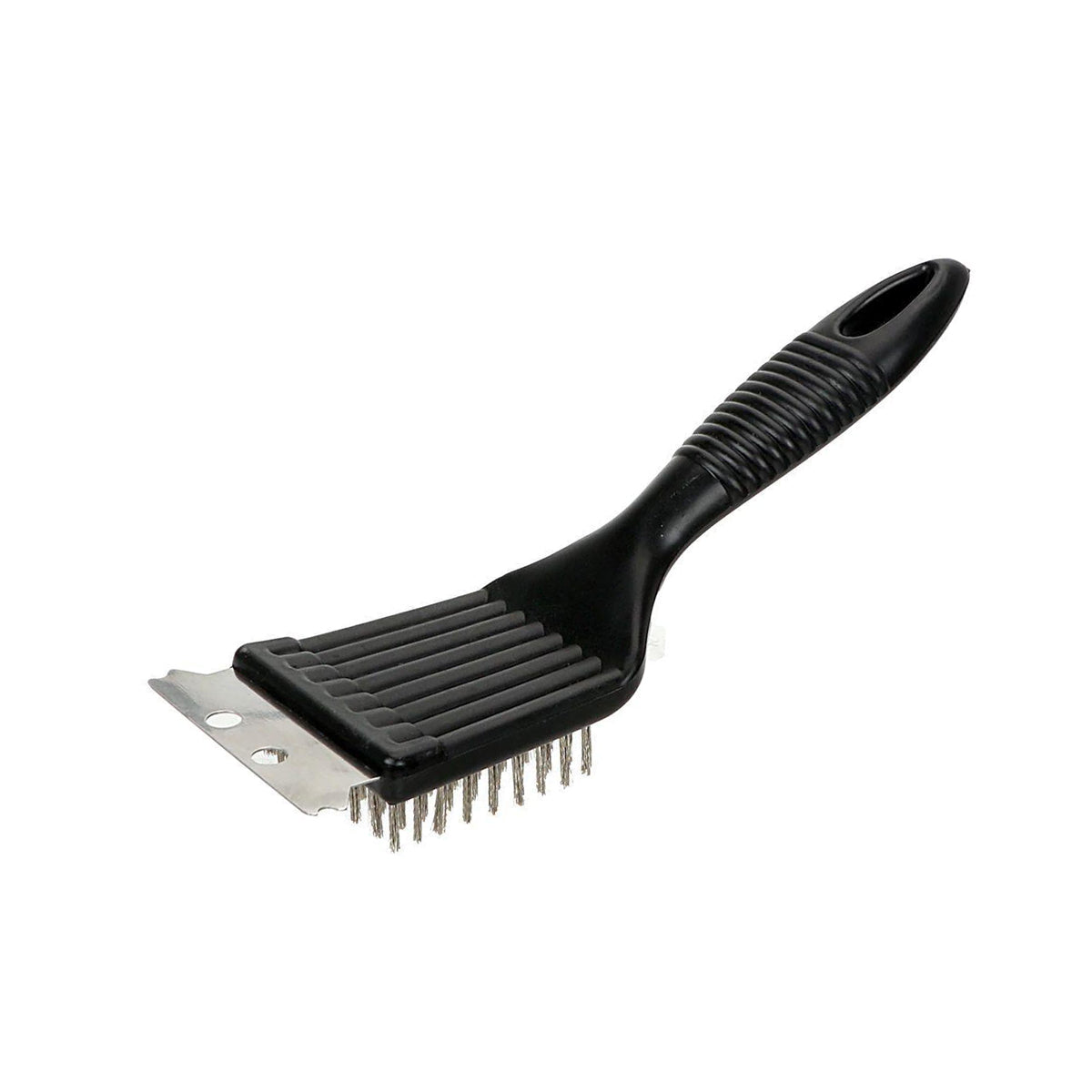 Escova para churrasqueira com espátula e cerdas de aço. Foto 2 do produto.