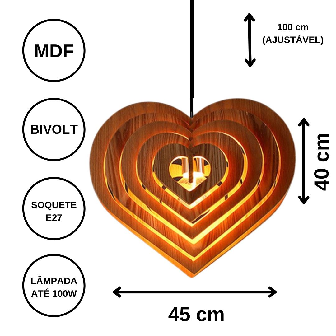 Luminária pendente Coração em MDF, Cor: Marrom. Foto 3 do produto.