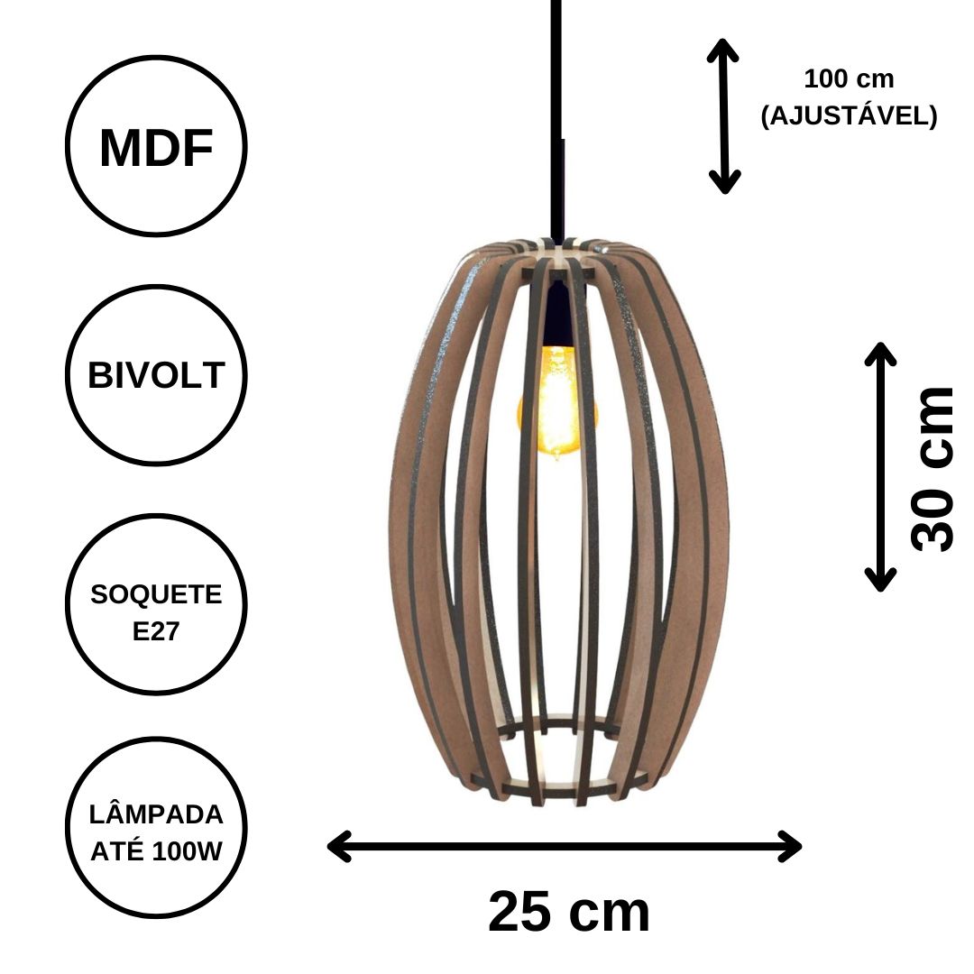 Luminária pendente Imperial em MDF, Cor: Preto. Foto 3 do produto.