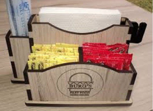 Porta-guardanapo e sachês em MDF personalizado com logo, 10 unidades. Foto 1 do produto.