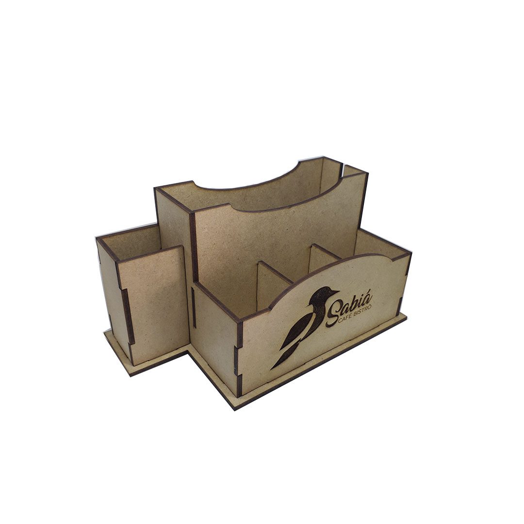 Porta-guardanapo e sachês em MDF personalizado com logo, 10 unidades. Foto 4 do produto.
