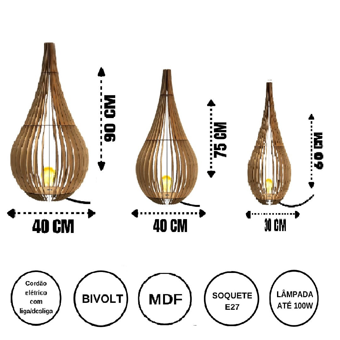 Abajur de chão Capadócia em MDF, Cor: Marrom, Tamanho: Kit com 3 - 90 × 40 cm, 75 × 40 cm e 60 × 30 cm. Foto 1 do produto.