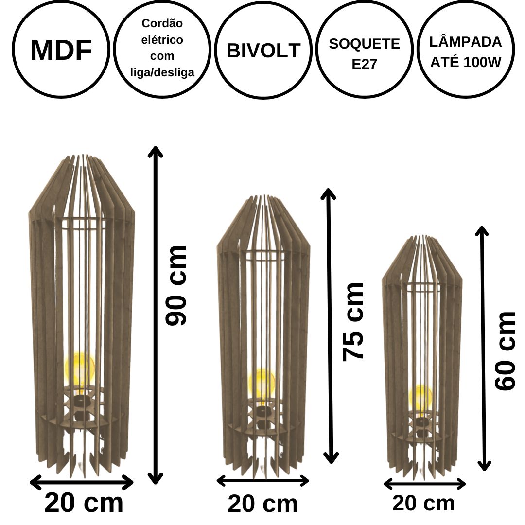 Luminária de chão Penedo em MDF, Cor: Marrom, Tamanho: Kit com 3 - 90 × 20 cm, 75 × 20 cm e 60 × 20 cm. Foto 1 do produto.