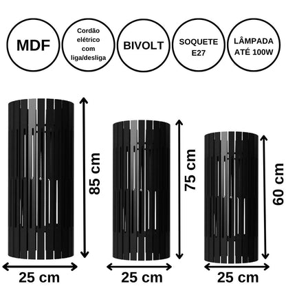 Luminária de chão Torre de Pisa em MDF, Cor: Preto, Tamanho: Kit com 3 - 85 × 25 cm, 75 × 25 cm e 60 × 25 cm. Foto 1 do produto.