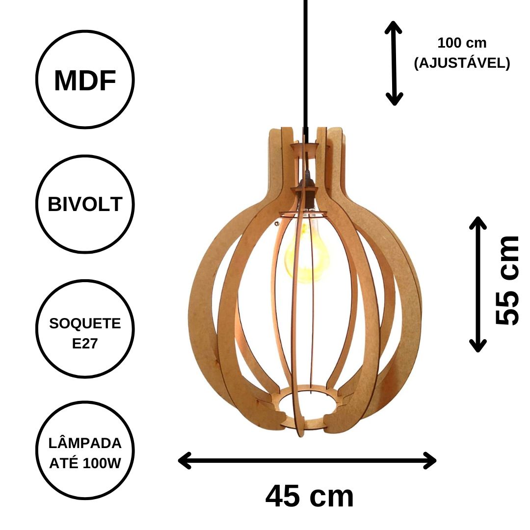 Luminária pendente Jupiter em MDF, referência LCD0016, Cor: Marrom. Foto 3 do produto.