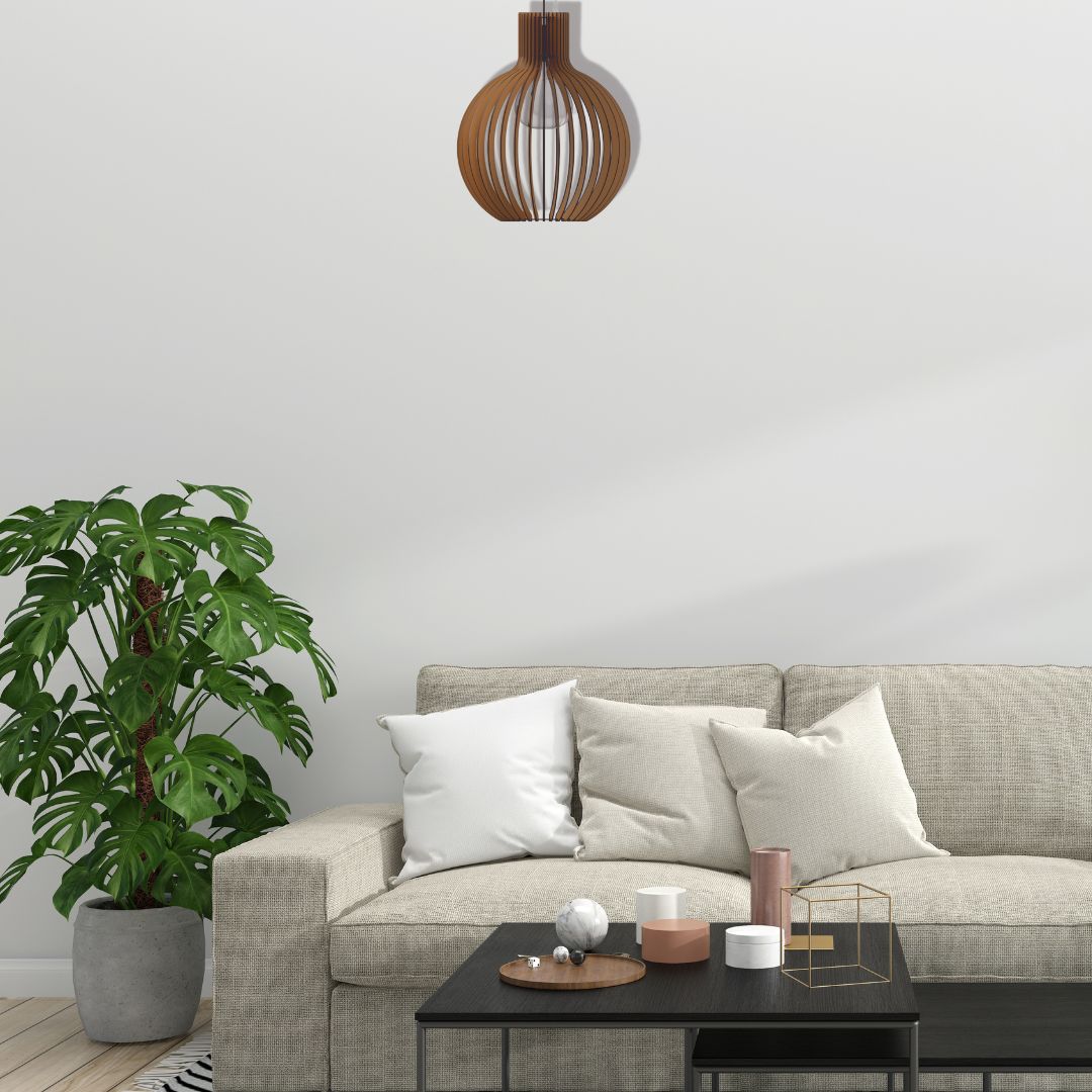 Luminária pendente Cúpula em MDF, referência LCD0017, Cor: Marrom. Foto 2 do produto.
